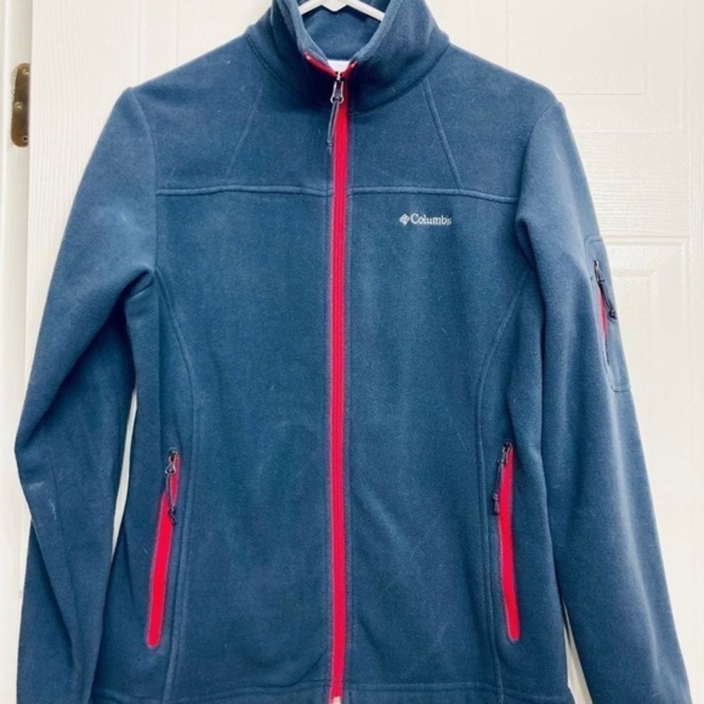 Columbia Fleece Jacket Women Small Blue Red Full Zip Fast Trek II Mock Neck Coat